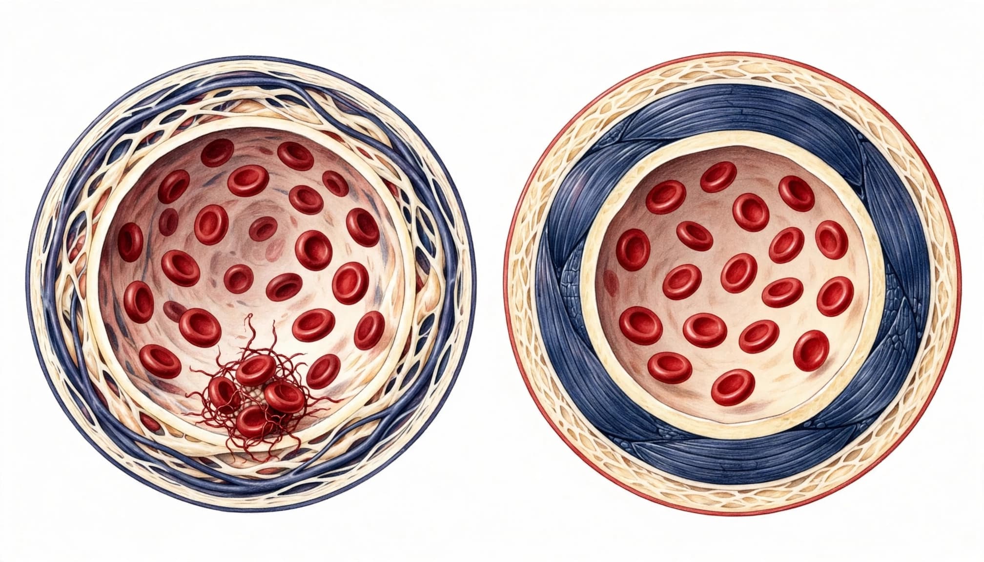 One vessel contains a small clot, while the adjacent coronary artery is open.