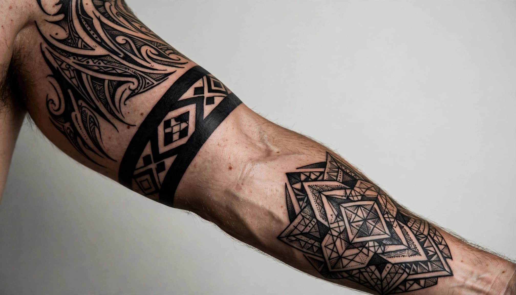 A tattooed arm displays bold black geometric and flowing shoulder designs.