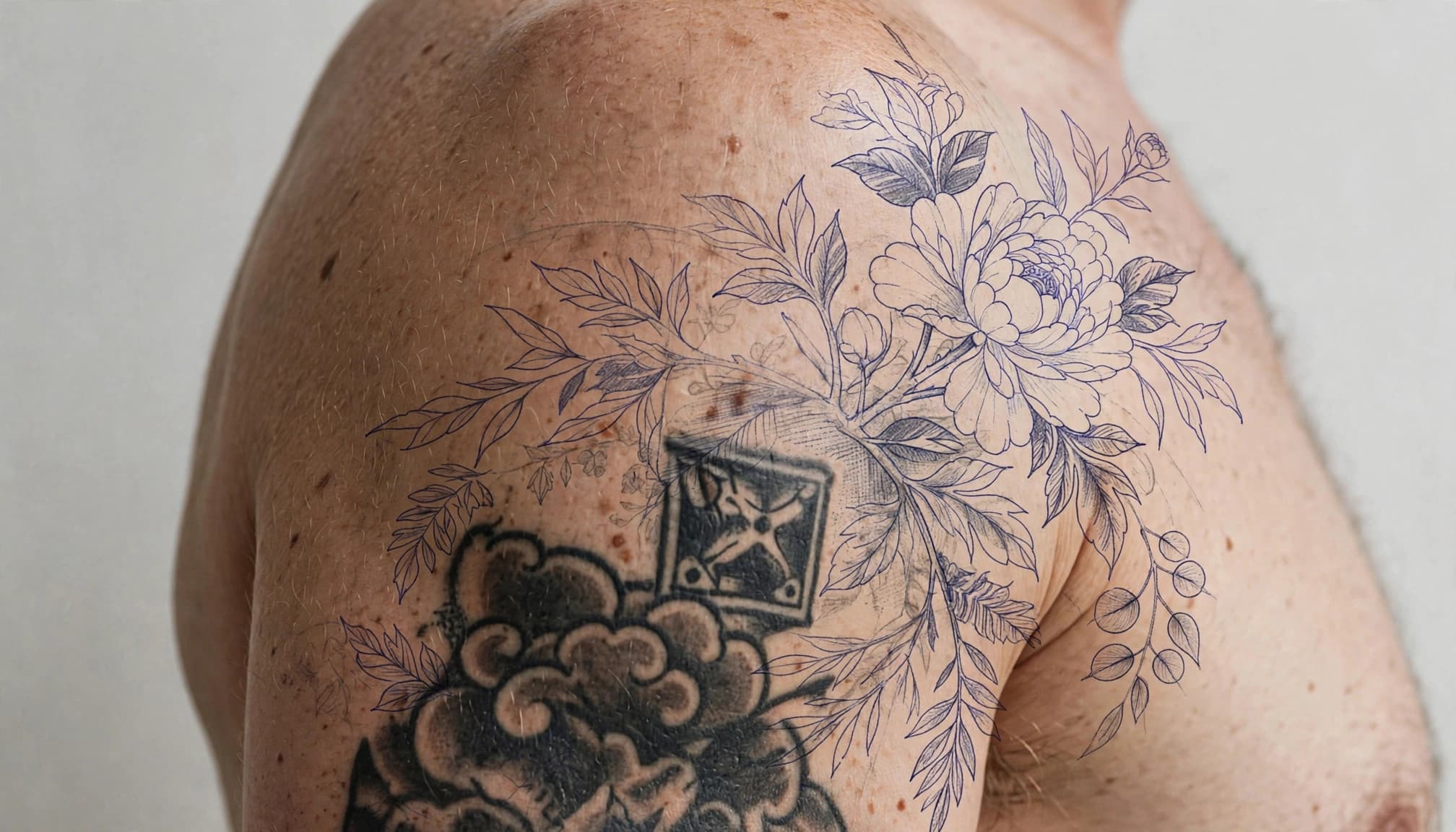 An upper arm shows dark old tattoo lines beneath a larger shaded botanical design.