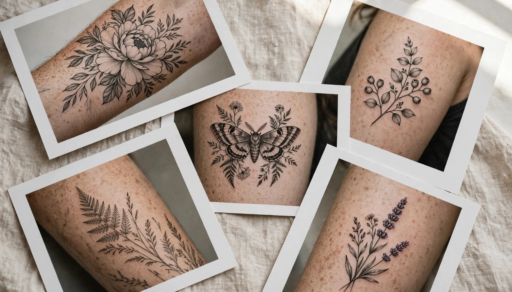 Tattoo photographs on a table show detailed black-and-gray designs on healed skin.