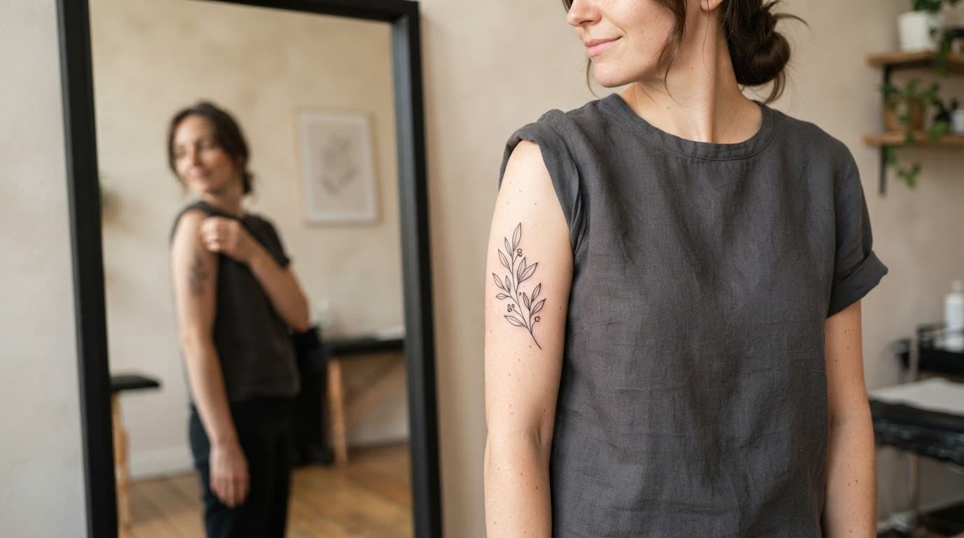 An adult checks a botanical stencil on their upper arm in a mirror.