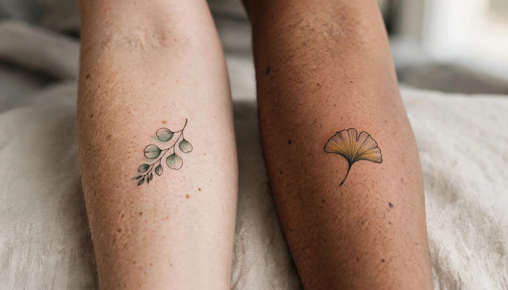 Two forearms display healed leaf tattoos with different line weights and muted colors.