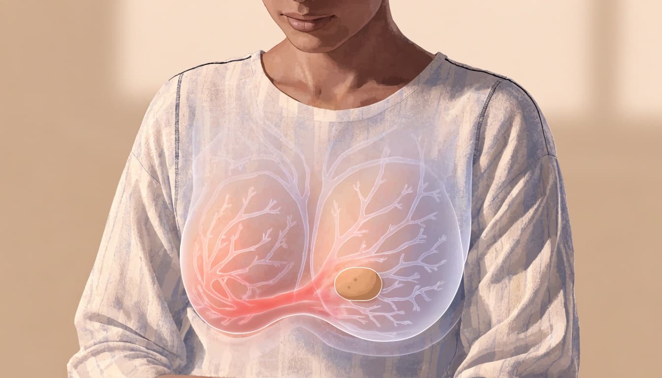 A clothed adult with an overlay showing breast inflammation and a small abscess.