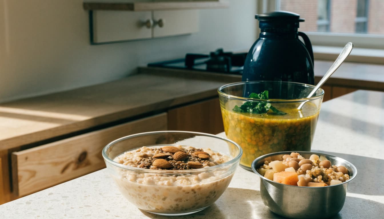 A bean and vegetable grain bowl sits in front of oatmeal and a thermos of lentil soup.