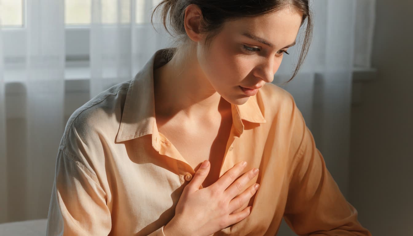 A clothed woman sits in a bedroom with one hand resting on her upper chest.