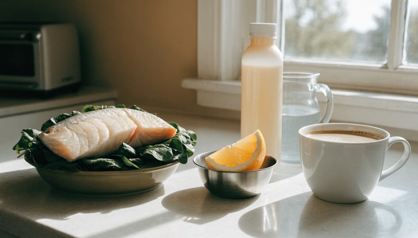 Cooked fish, greens, citrus, coffee, and a plain bottle on a sunlit kitchen counter.