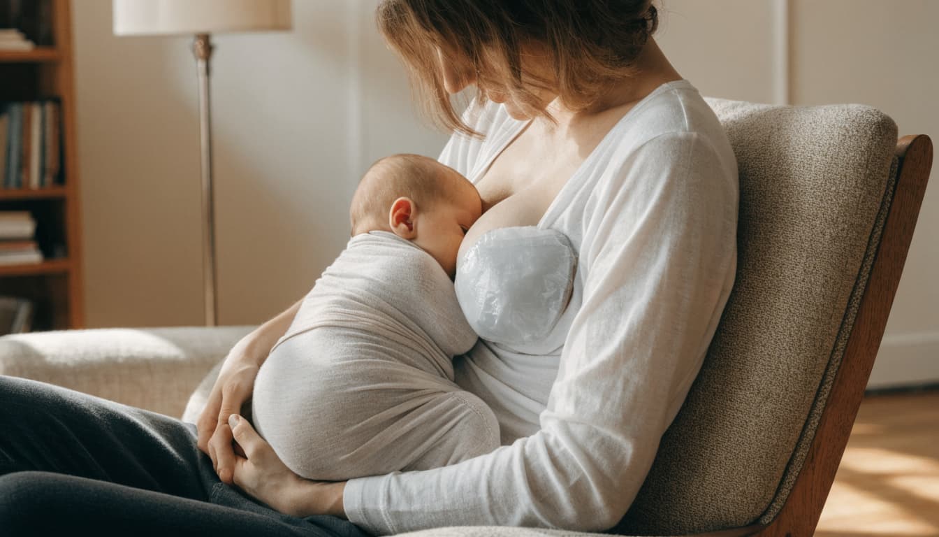 A resting parent holds an infant with a wrapped cold pack over their clothing.