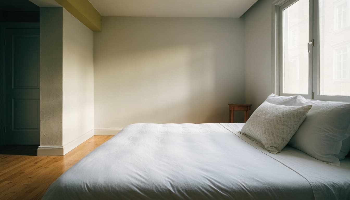 A neatly made bed with pillows and clear floor space beside it.
