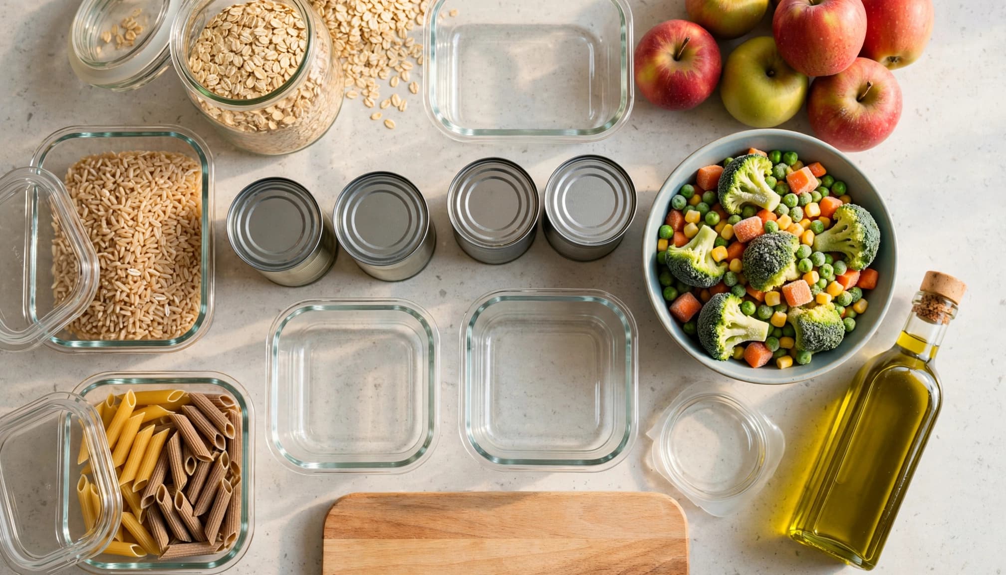 Affordable pantry staples, apples, and frozen vegetables arranged on a kitchen counter.