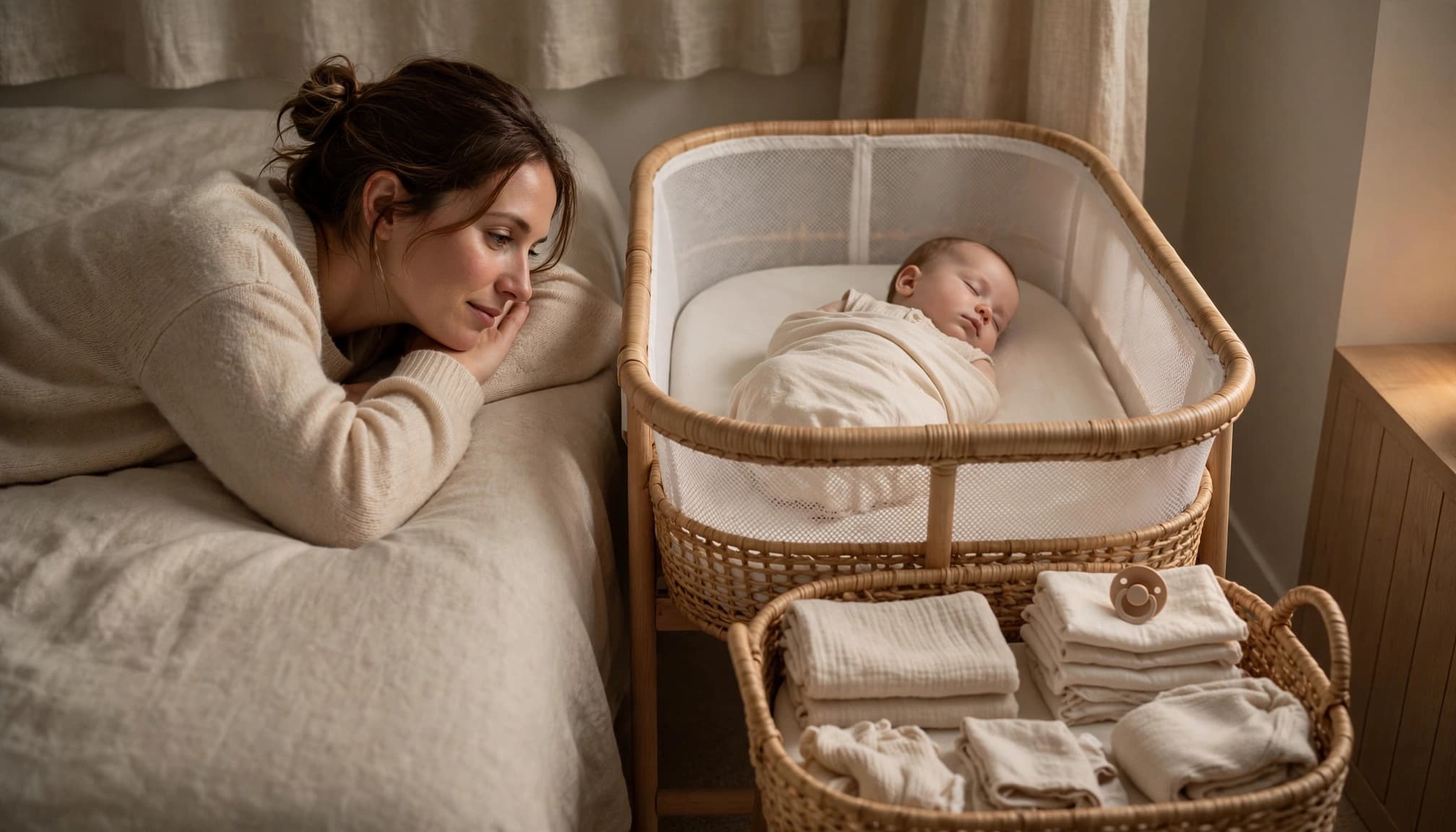 A parent rests beside a bassinet with an infant and bedtime supplies nearby.