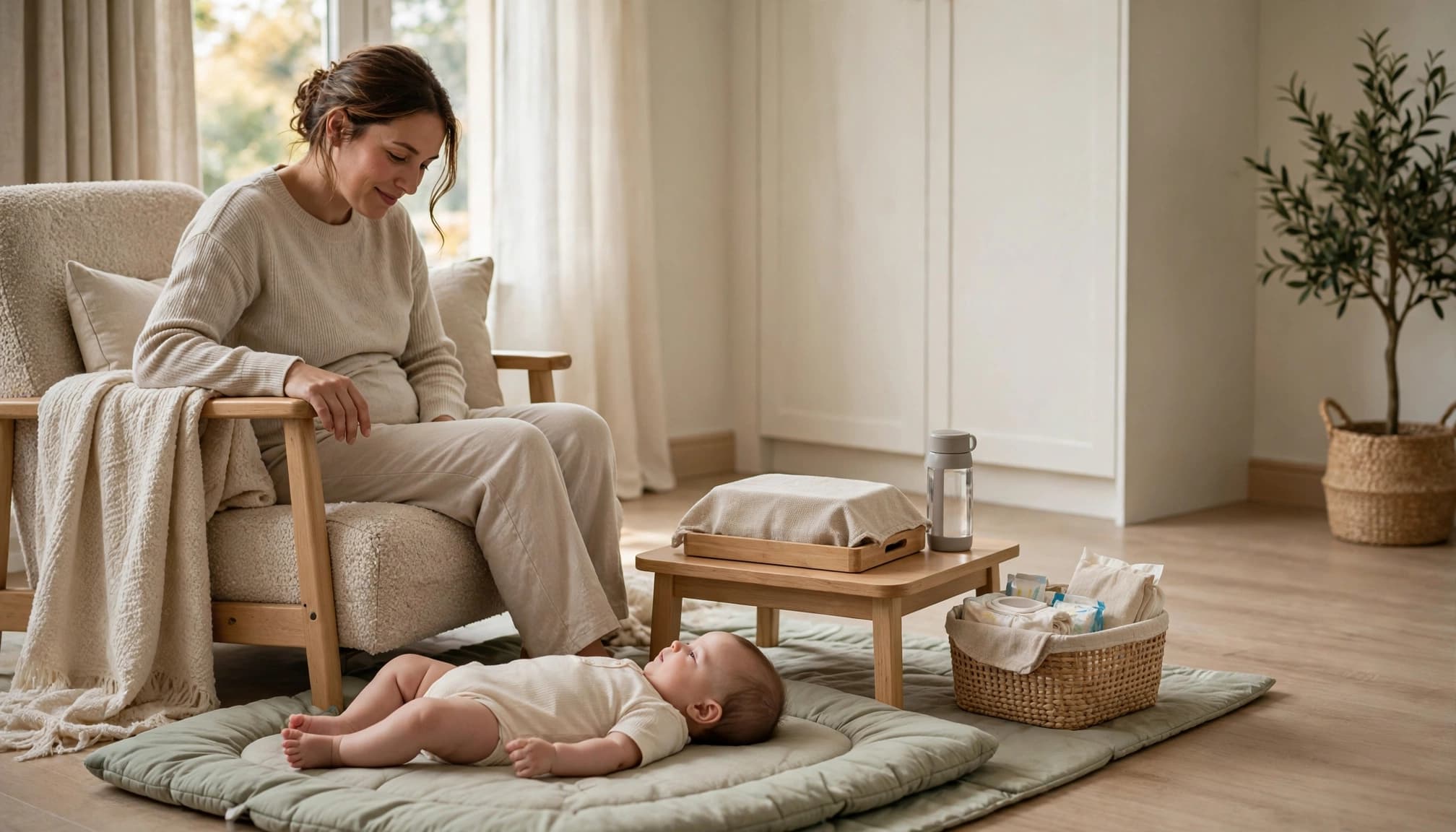 A mother sits beside her baby on a play mat in a tidy living room.