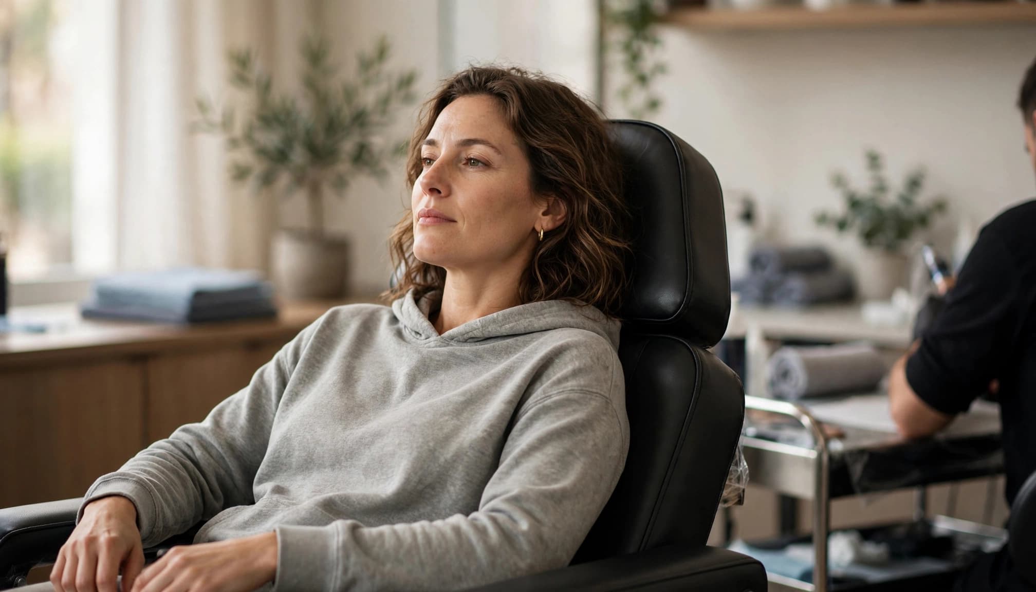 A relaxed client breathes calmly in a tattoo chair while an artist works in the background.