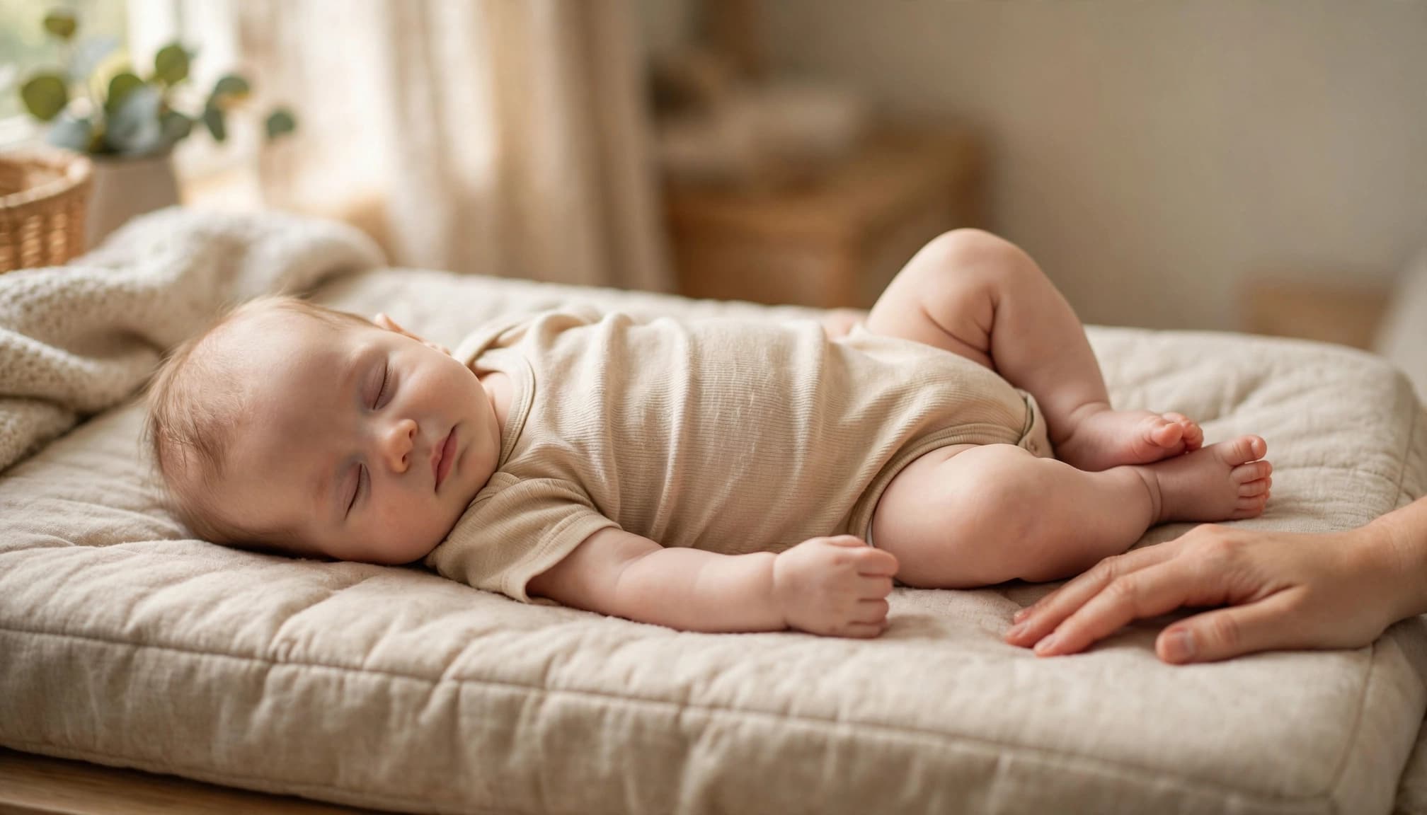 Relaxed infant on a changing mat beside a caregiver's resting hand.