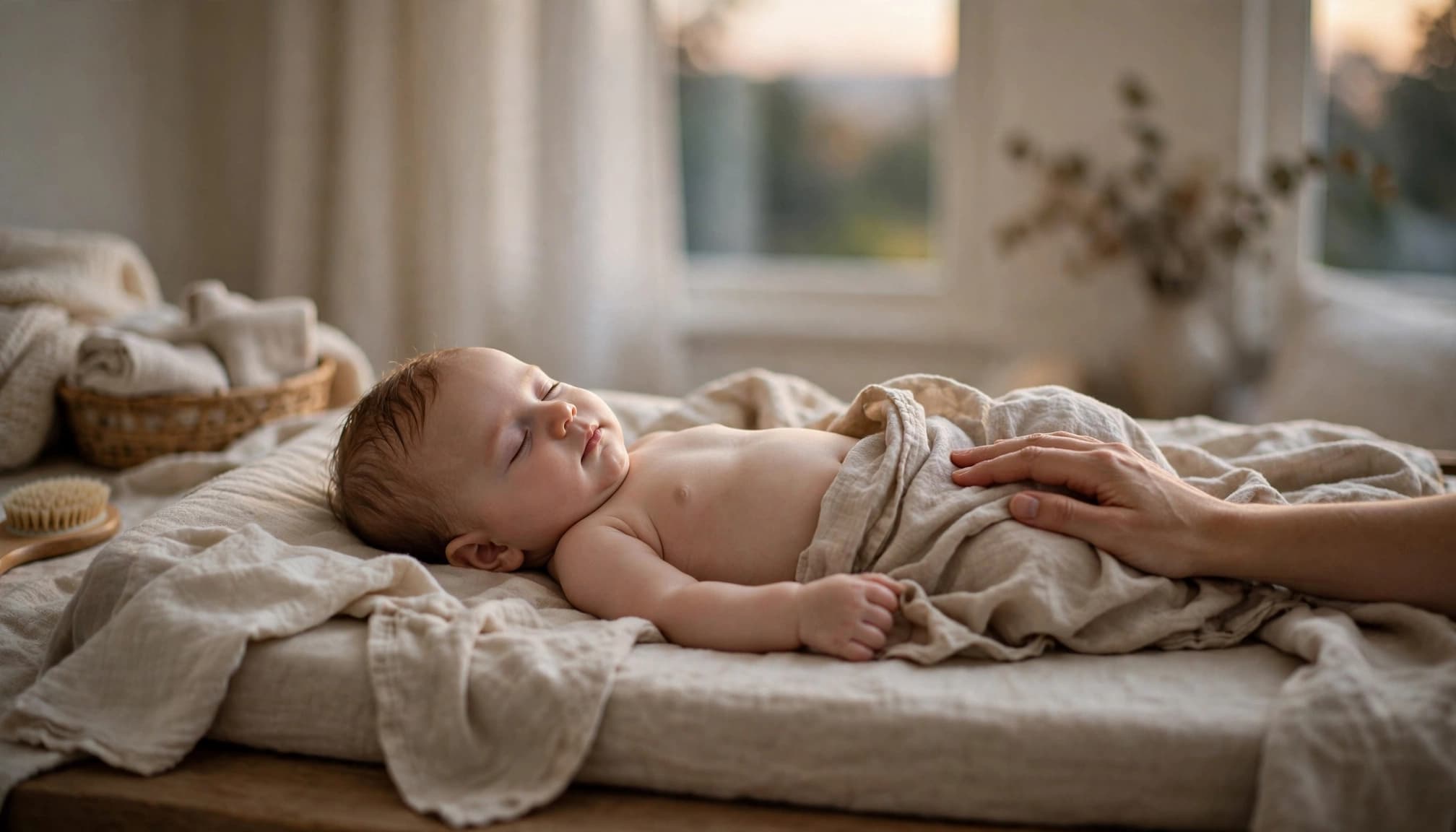A calm baby lies on a changing mat as a caregiver gently rests a hand near the abdomen.