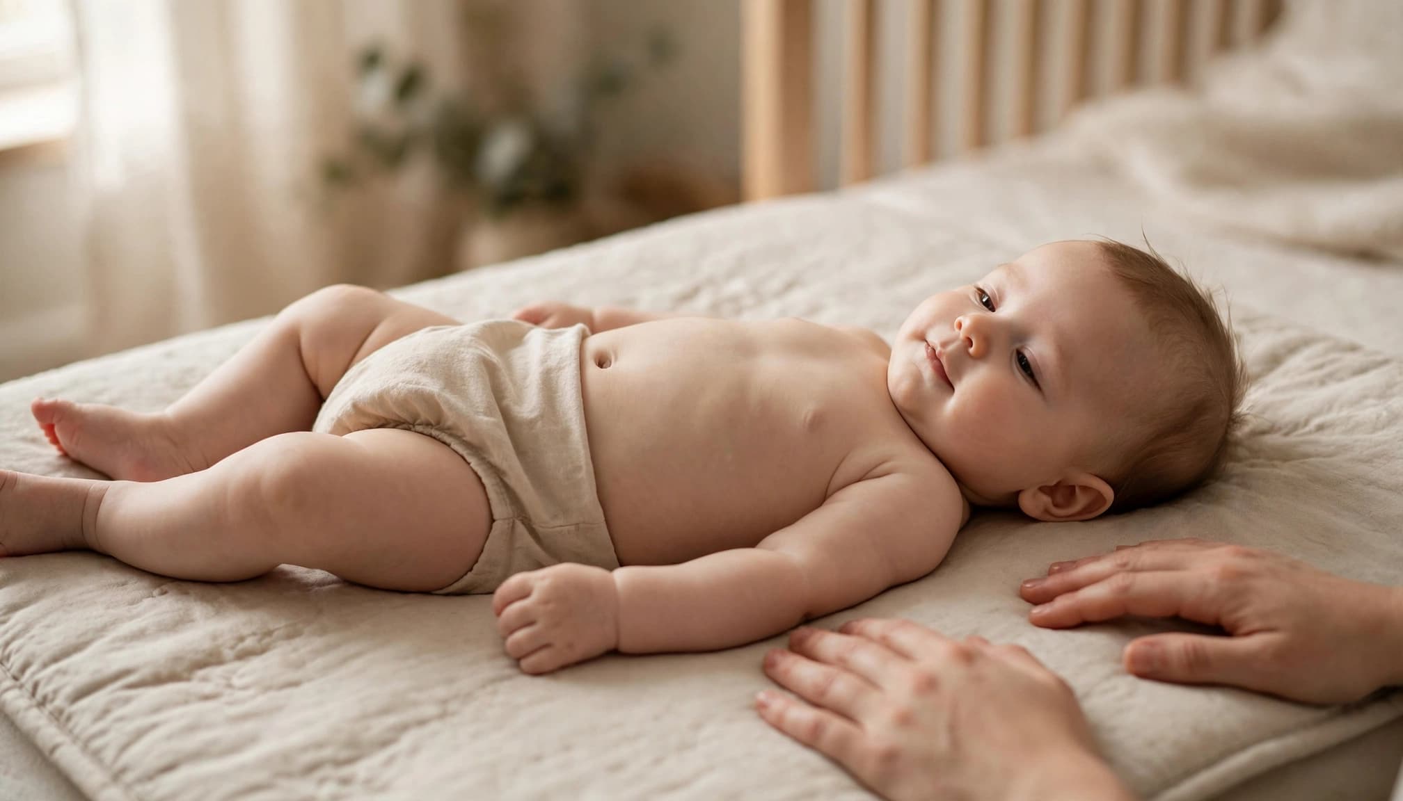Calm baby lying on a changing mat with a caregiver's hands nearby.