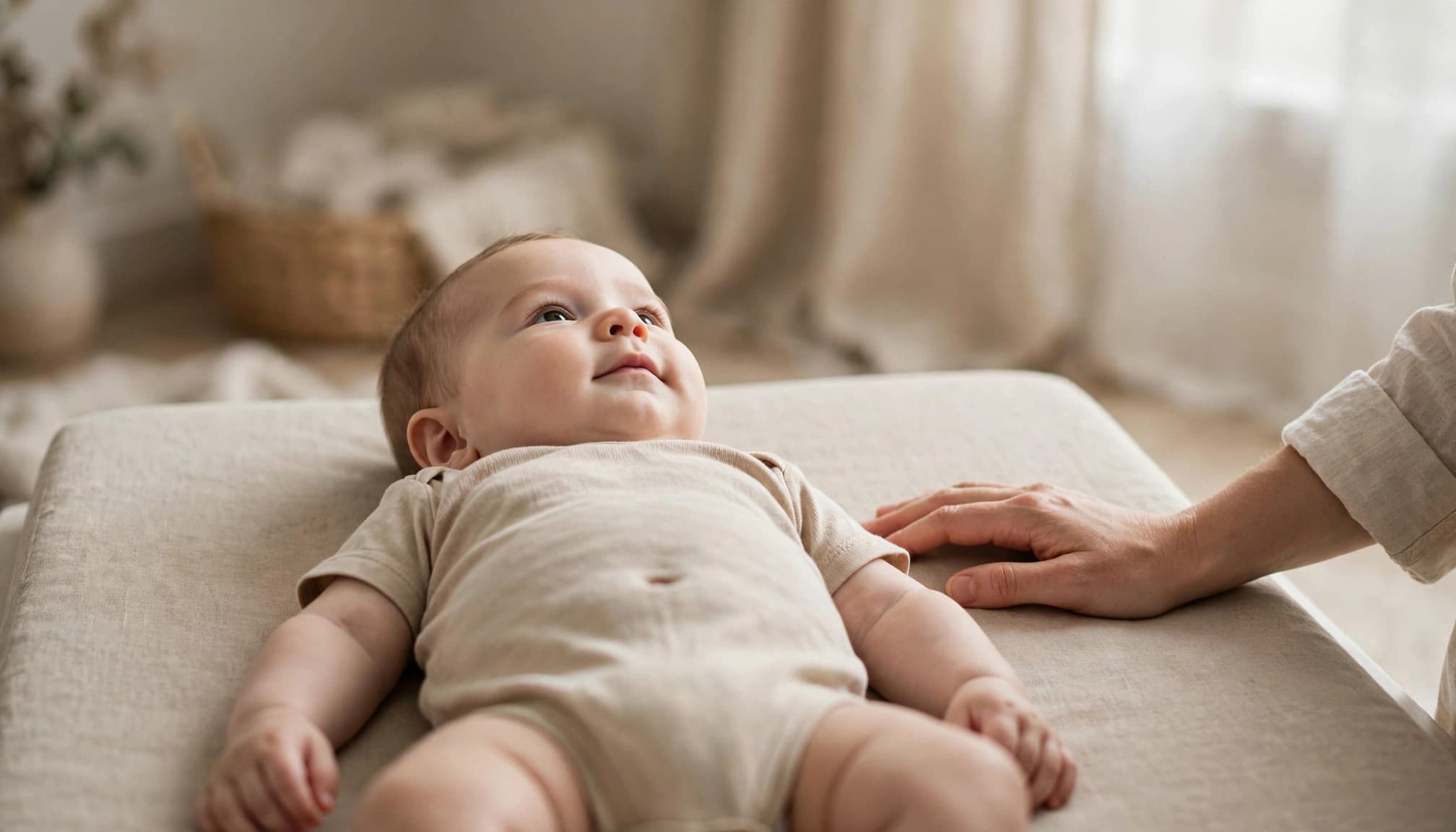 A calm baby lies on a changing mat with a caregiver's hand beside the abdomen.