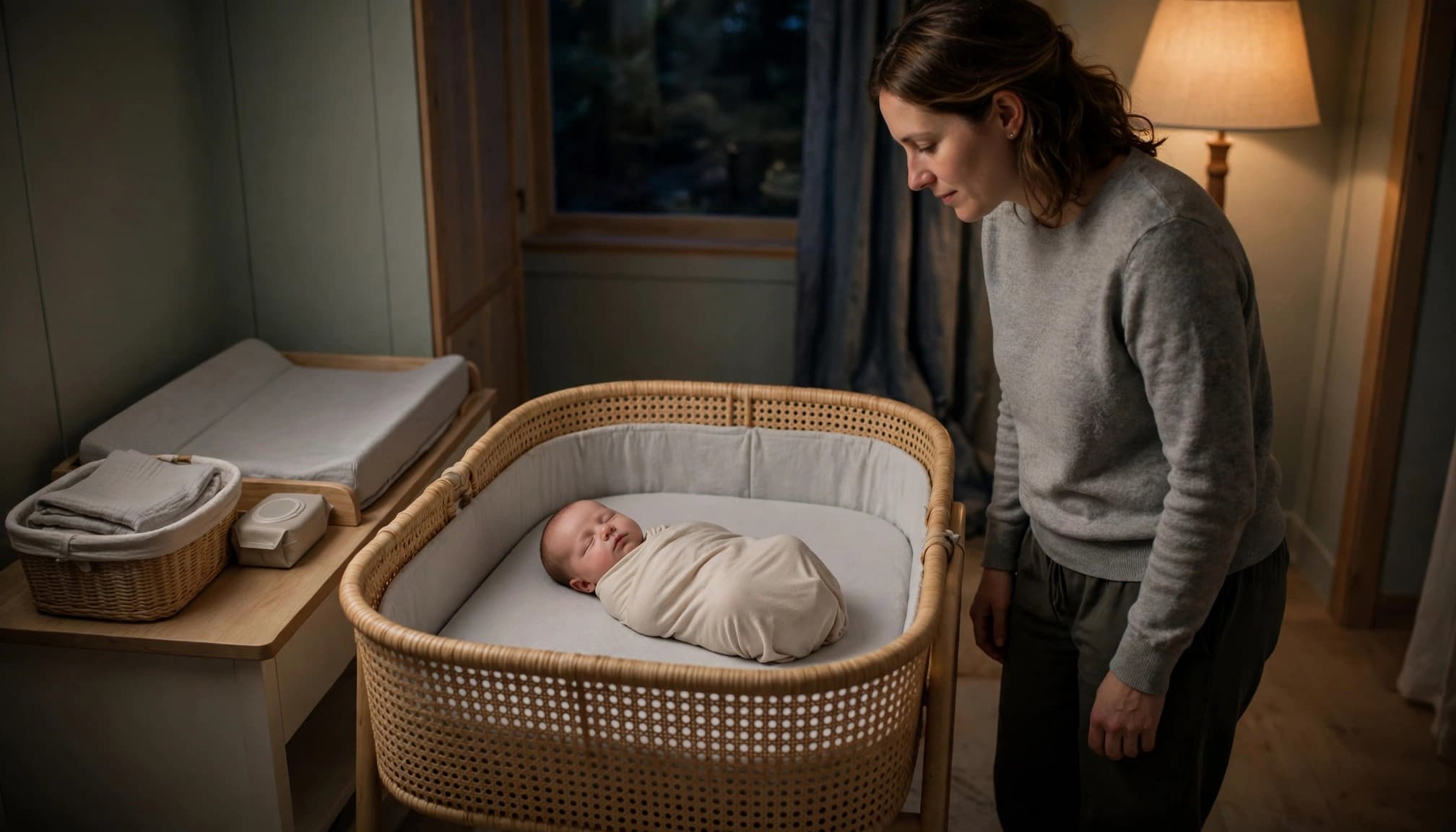 A parent checks a sleeping newborn lying safely on their back in a bassinet.