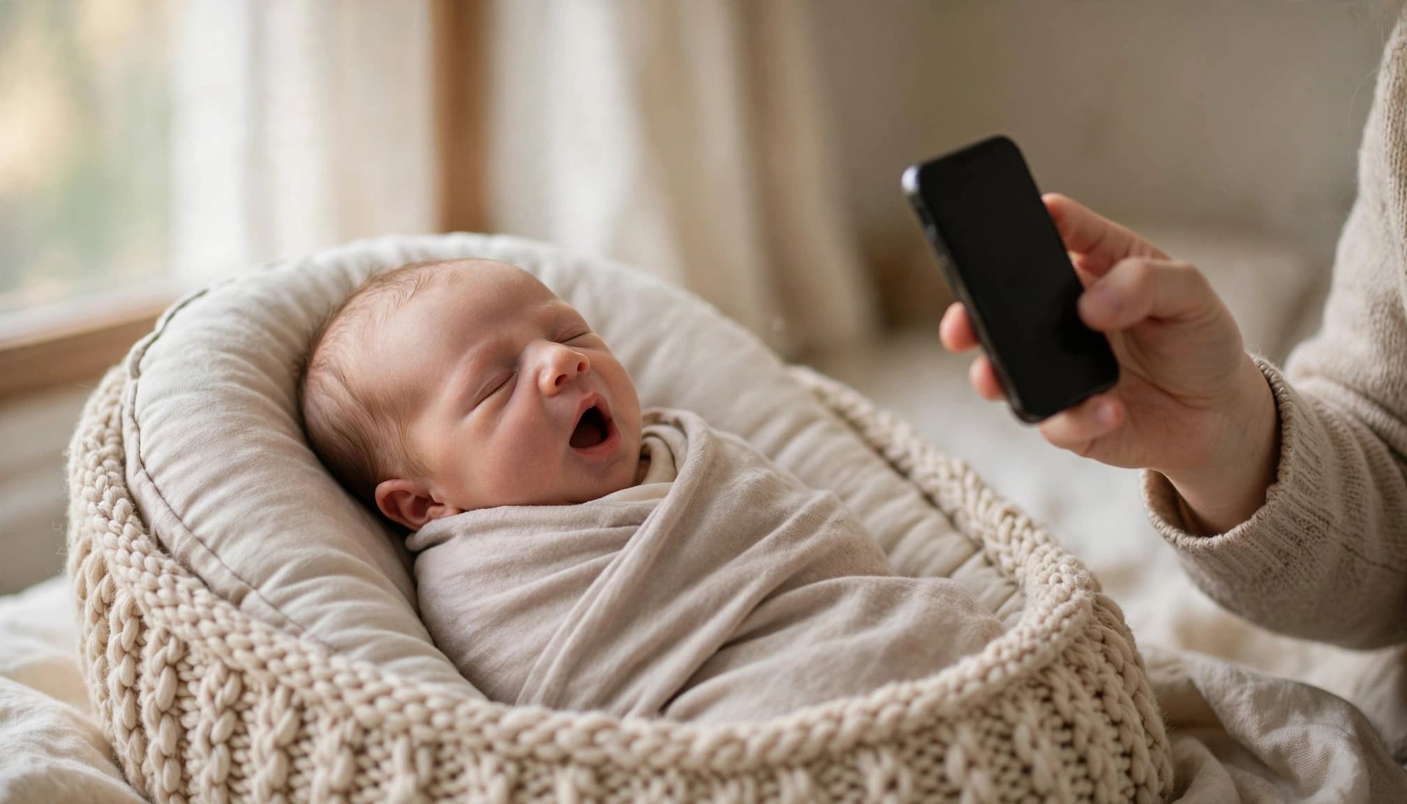 A sleepy newborn rests on soft bedding while a parent photographs nearby.