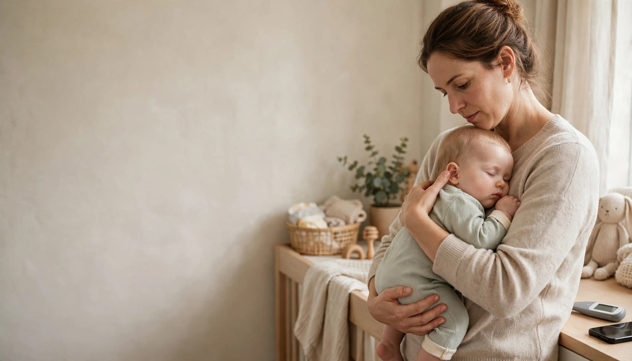 Caregiver holds a baby while checking the face and ear in a sunny nursery.