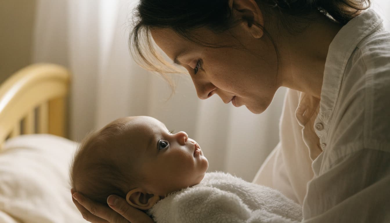 A caregiver holds a baby who looks up at their face.
