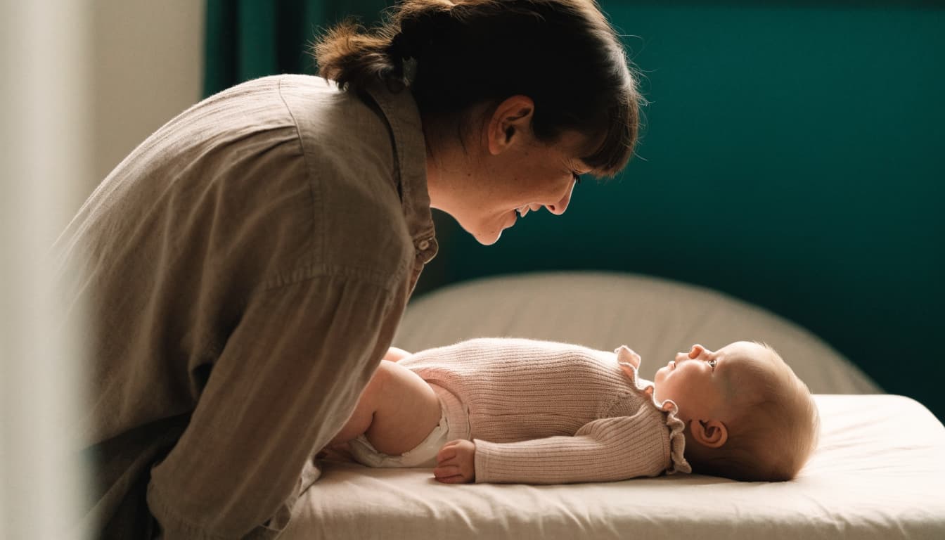 A caregiver smiles at a relaxed infant during a diaper change.