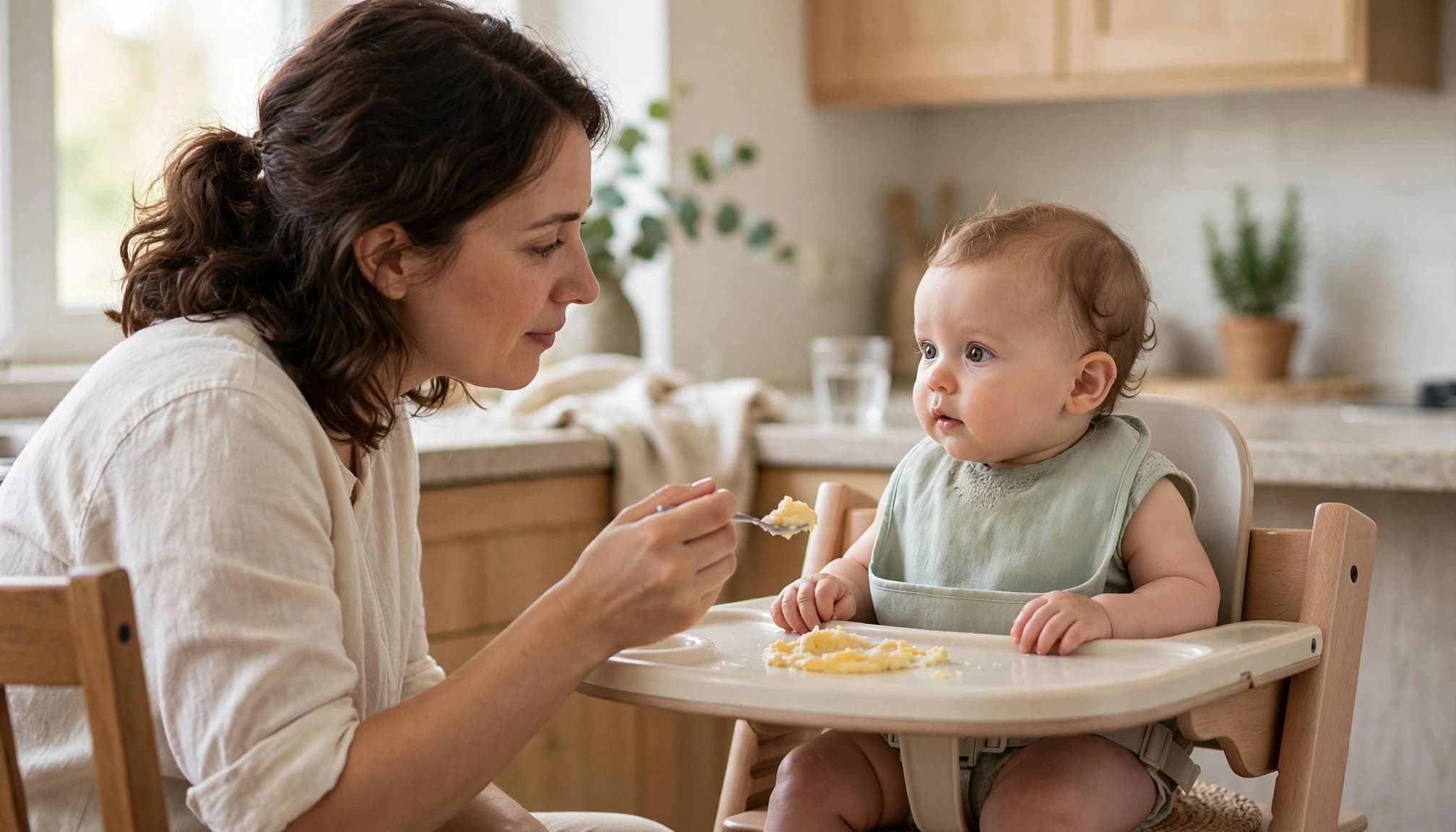 A caregiver offers smooth mashed egg to an upright infant in a high chair.