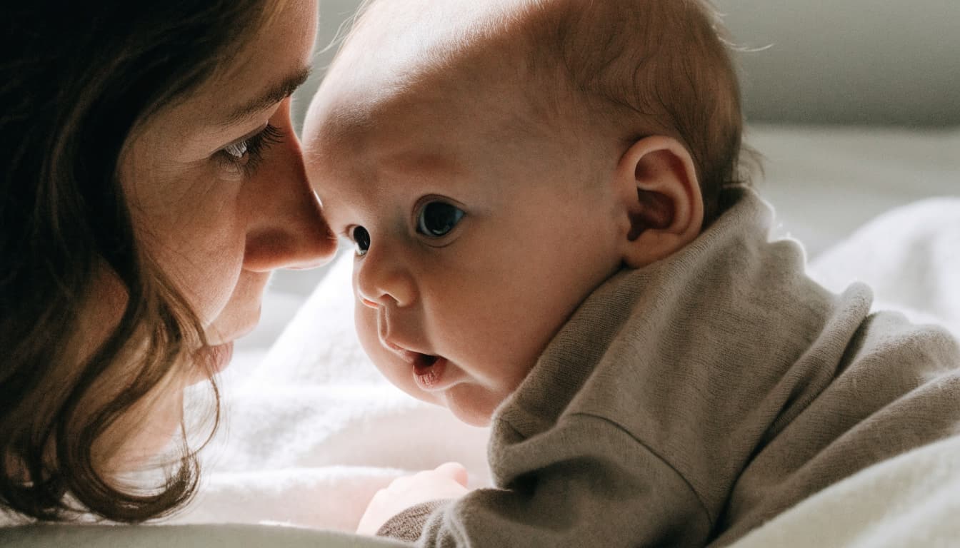 A baby looks toward a nearby caregiver during a quiet feeding moment.