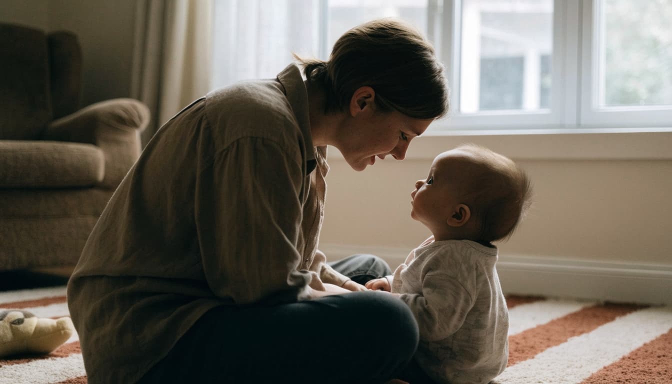 A caregiver and infant share a quiet moment on a rug beside a soft toy.