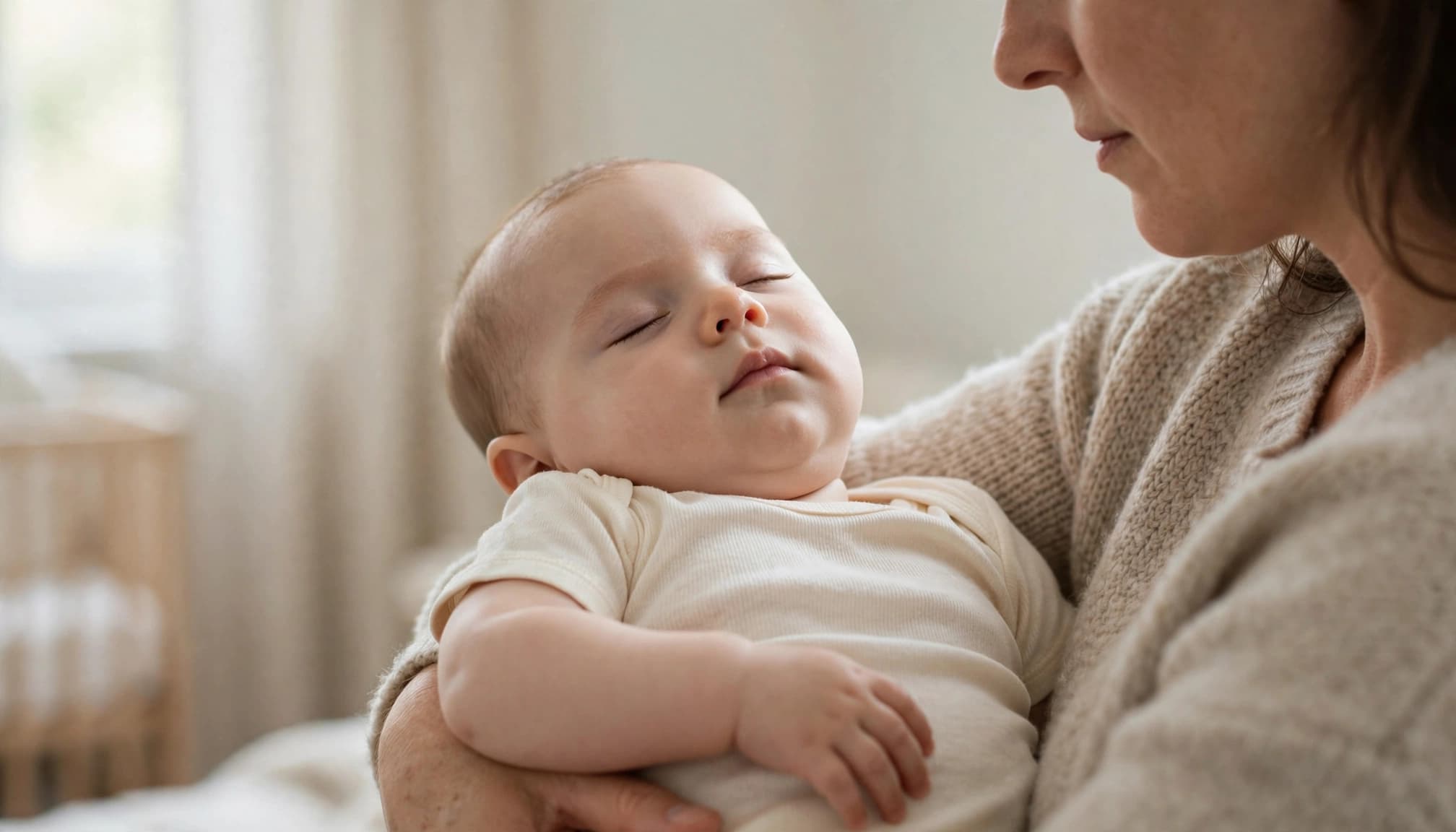 A caregiver watches a calm infant's breathing in a softly lit nursery.