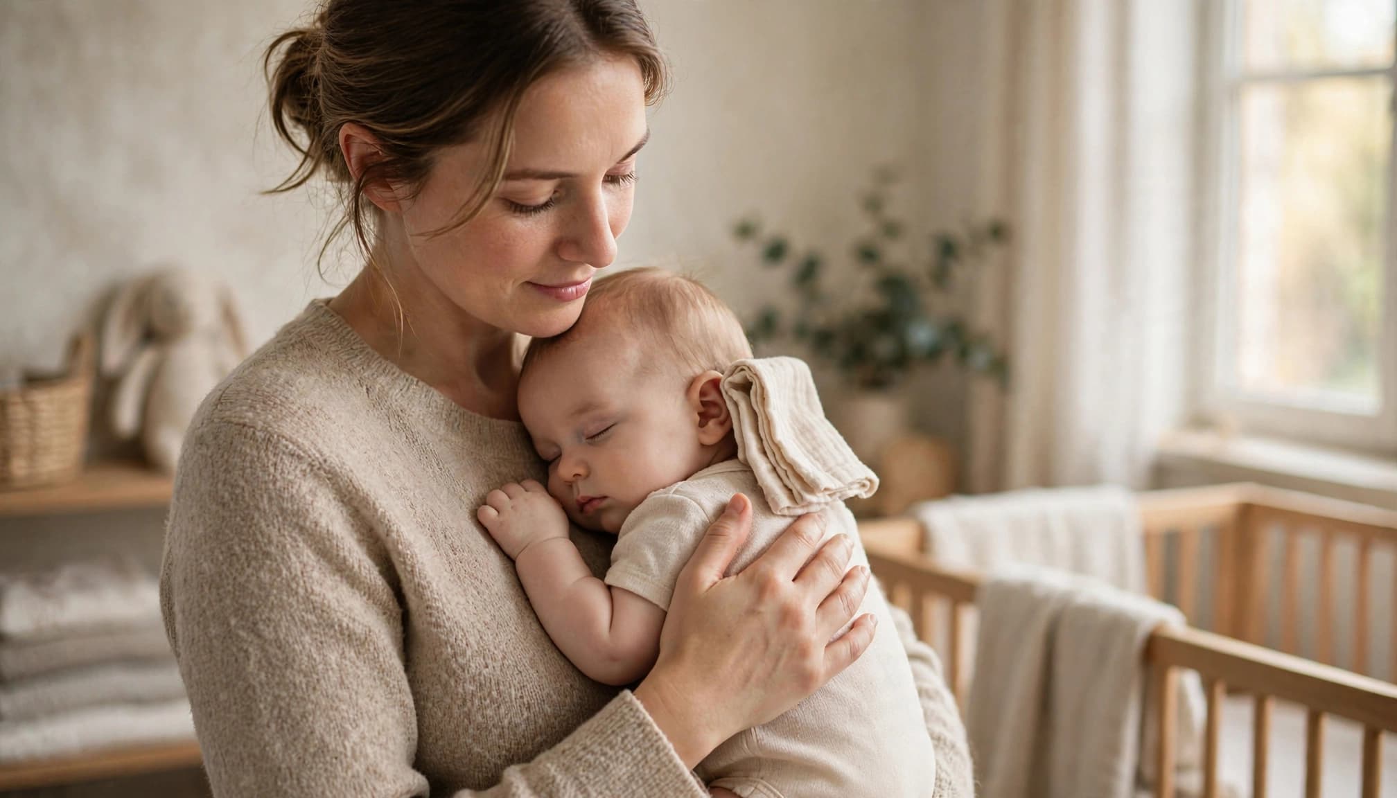 Caregiver holding an infant upright with one hand supporting the baby's back.