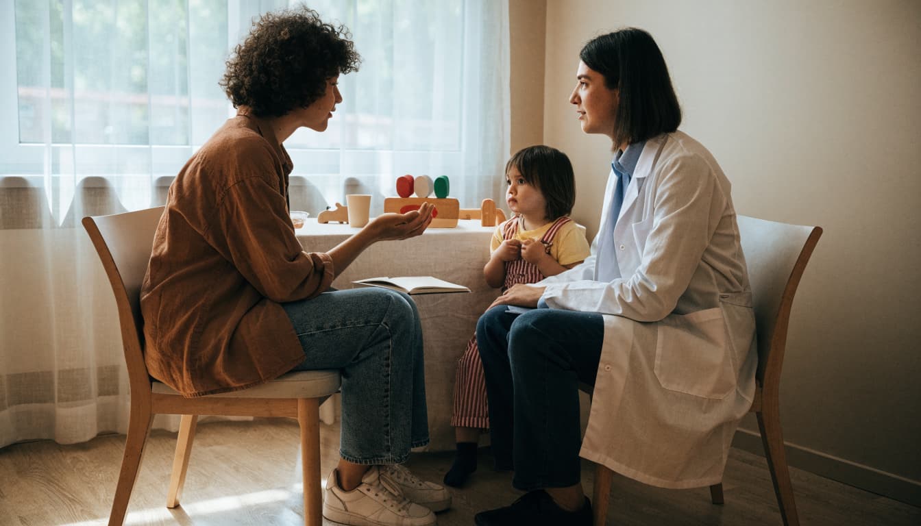 A caregiver and clinician talk beside a toddler in a bright exam room.