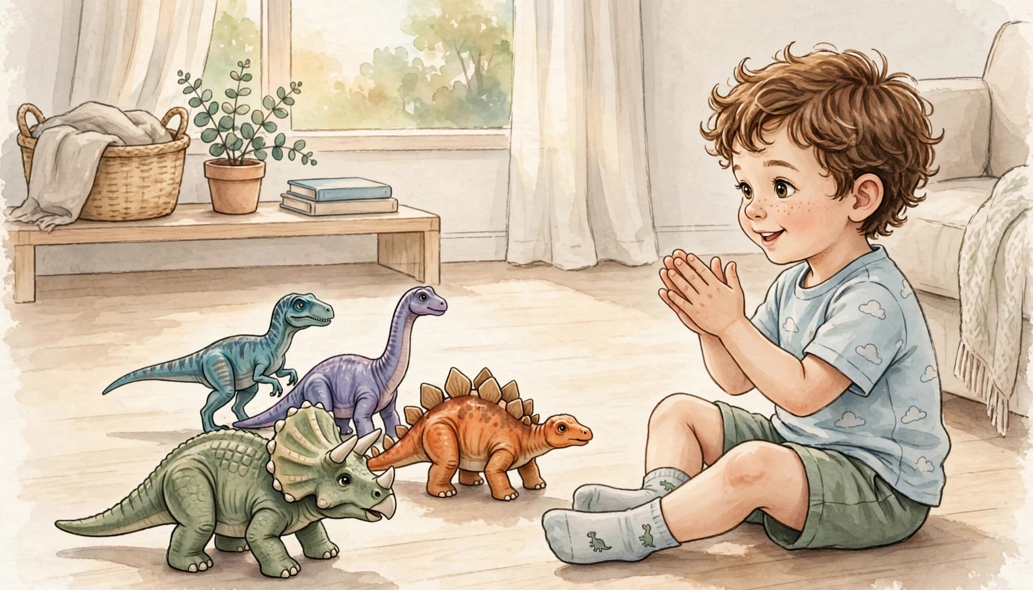 A child claps beside dinosaur toys in a bright living room.