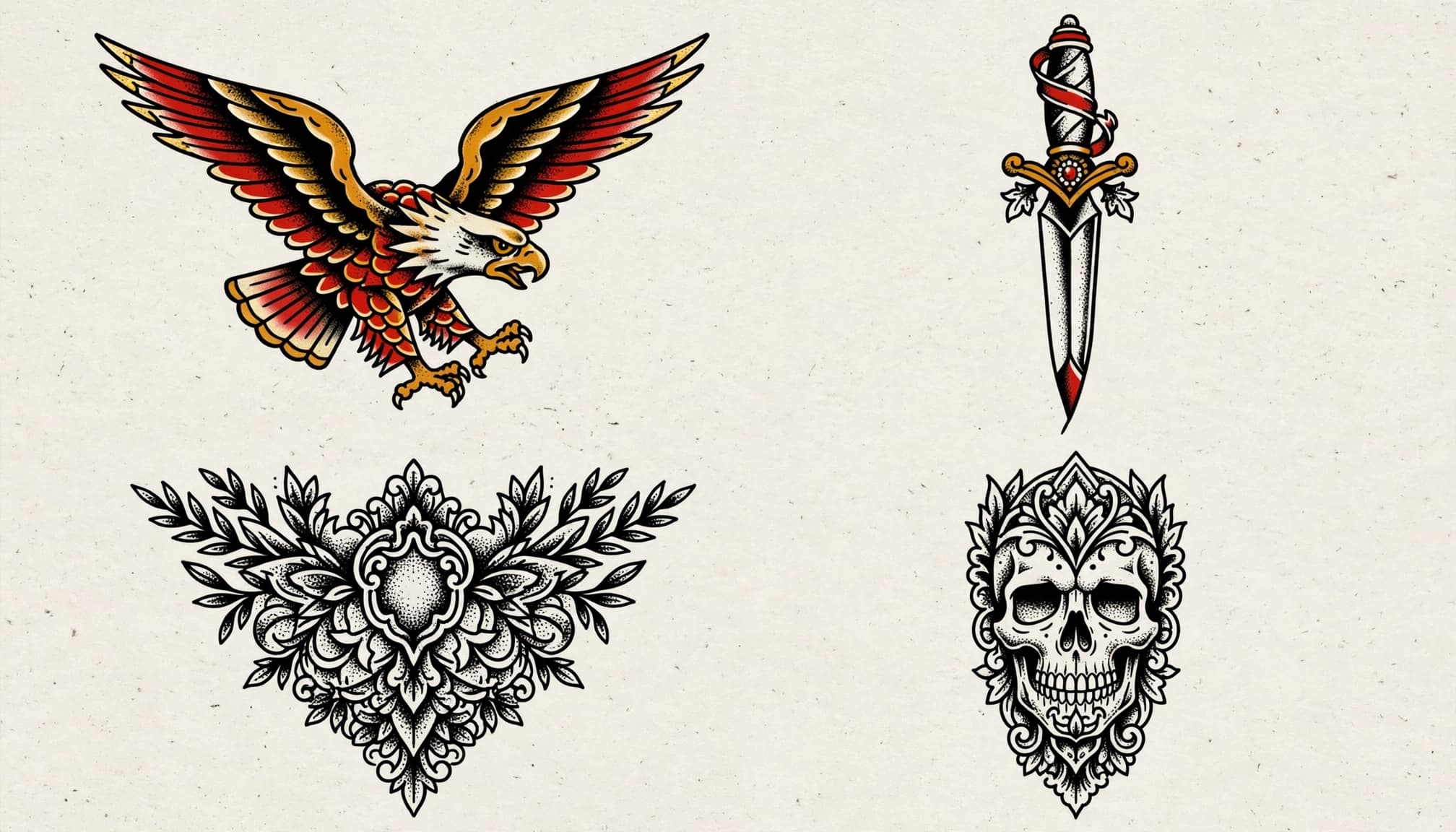 Four bold tattoo designs show an eagle, dagger, symmetrical chest motif, and skull mask.