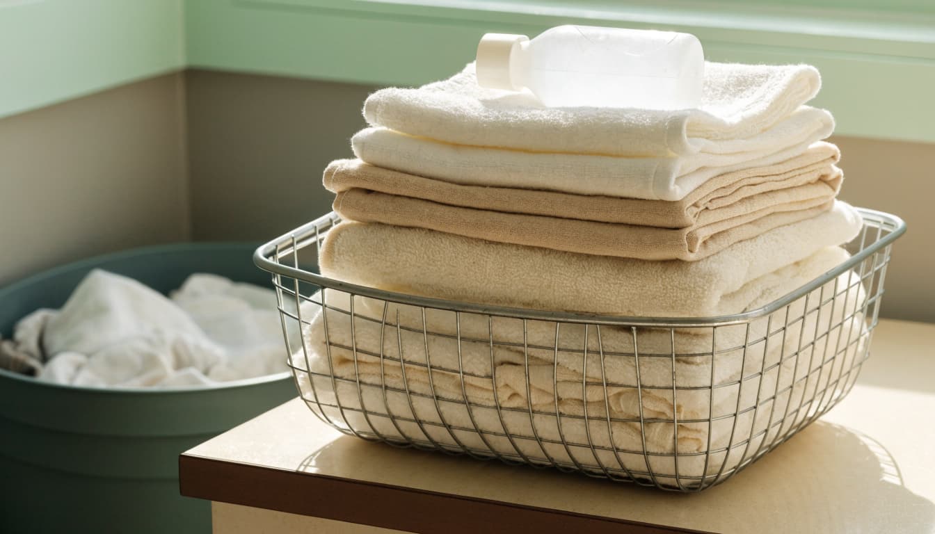 Folded baby clothes, washcloths, and a towel beside a detergent bottle and laundry baskets.