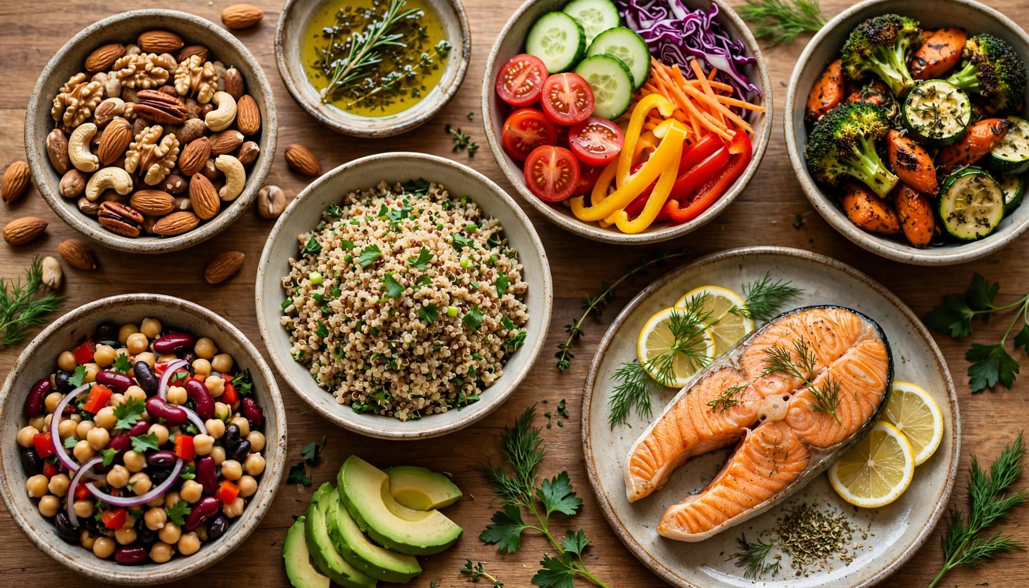 Vegetables, beans, grains, salmon, olive oil, and nuts fill a wooden table.