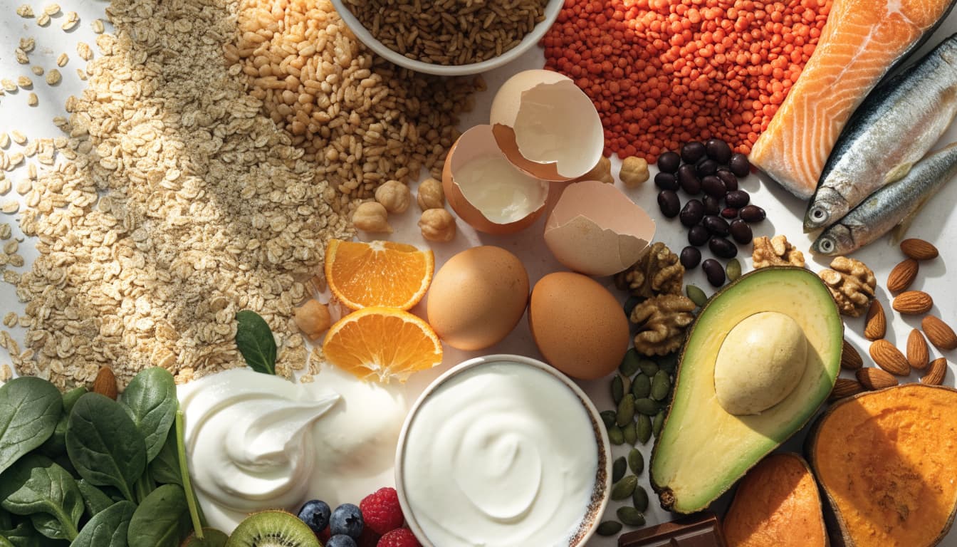 Bowls and plates of grains, legumes, fish, dairy, fruit, vegetables, nuts, and seeds on a kitchen table.