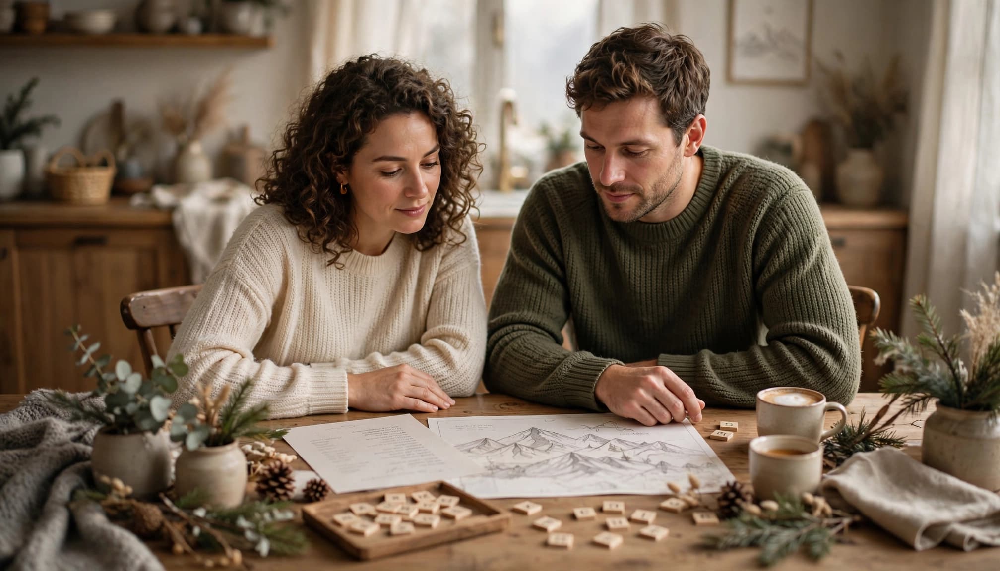 A couple considers baby names beside a mountain map and wooden letter tiles.