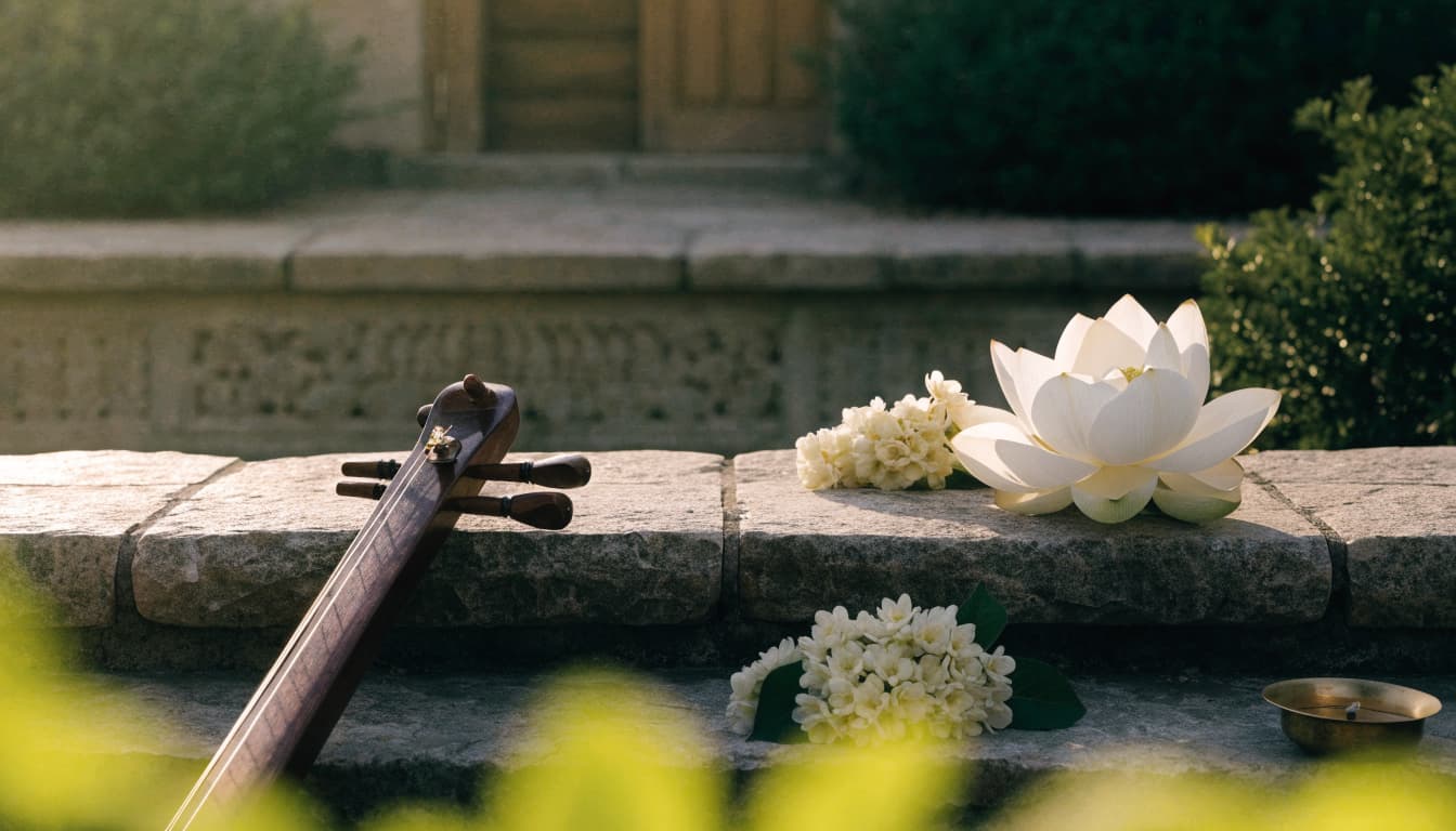 A tanpura, lotus, jasmine flowers, and brass lamp arranged on a stone ledge.