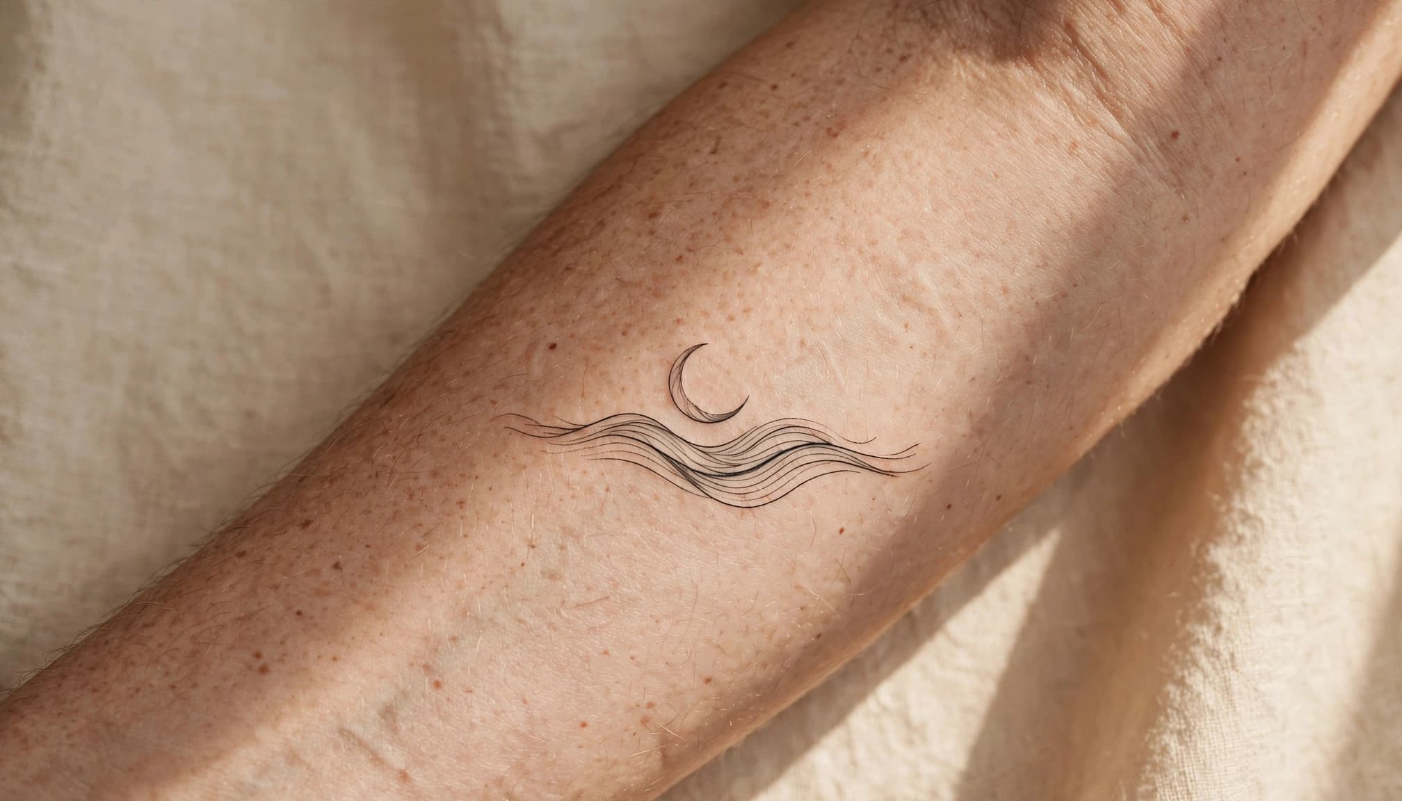 A small black crescent moon and wave tattoo on one angled forearm.