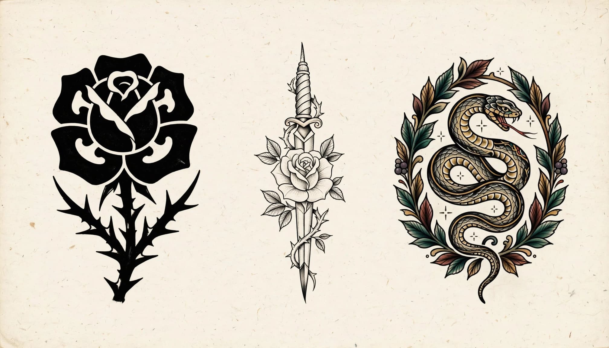 Three tattoo designs show a thorned rose, a dagger with a rose, and a leafy serpent.