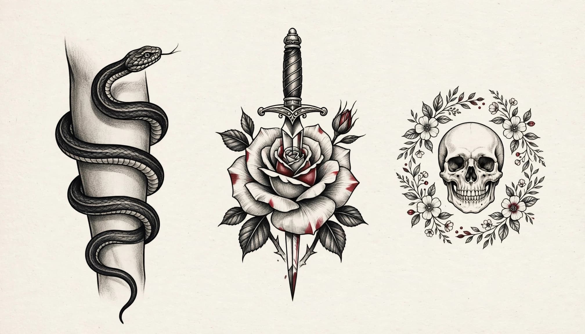 Tattoo flash designs show a coiled snake, a dagger through a rose, and a flower-framed skull.