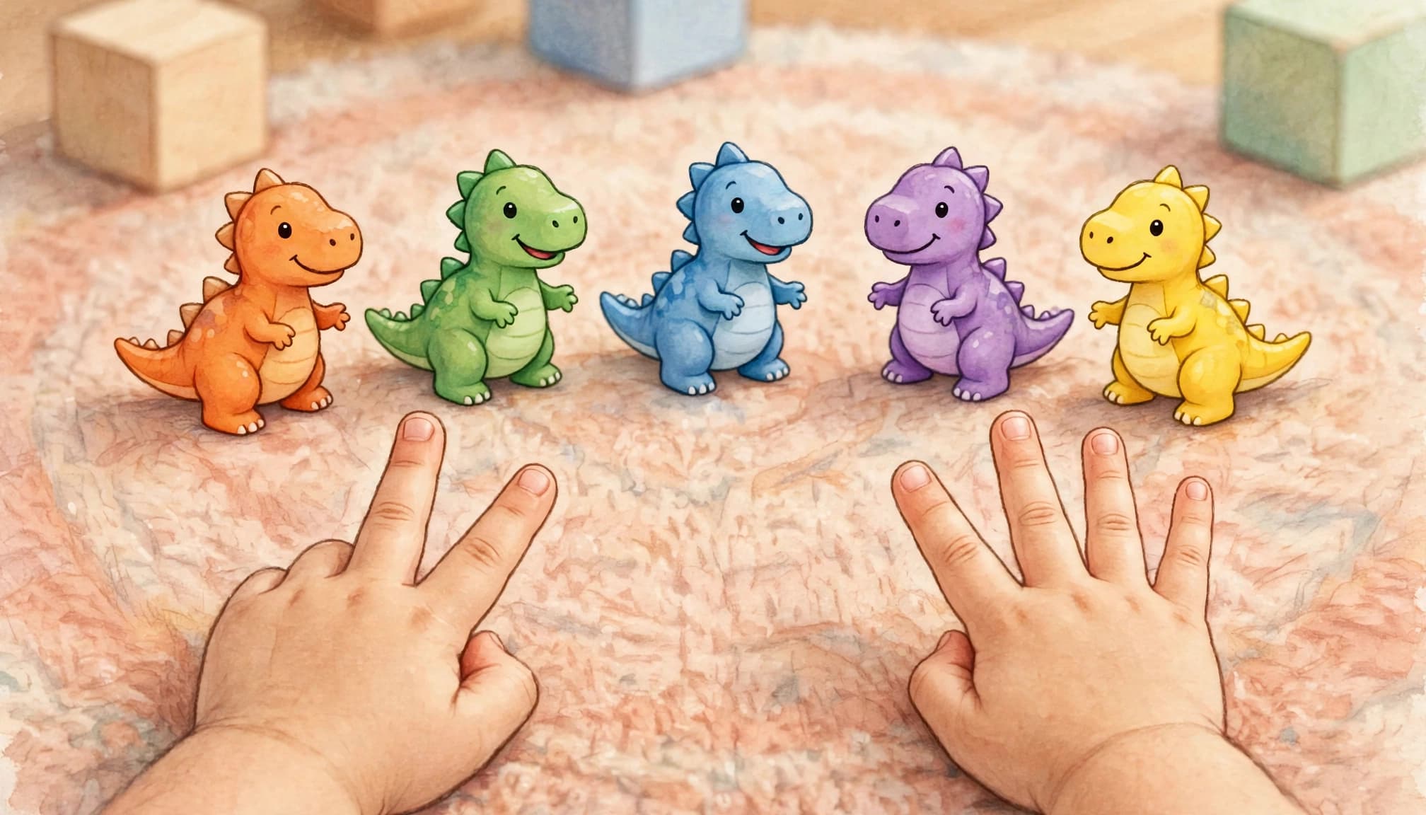 Five colorful dinosaur toys sit beside two hands showing counting fingers.