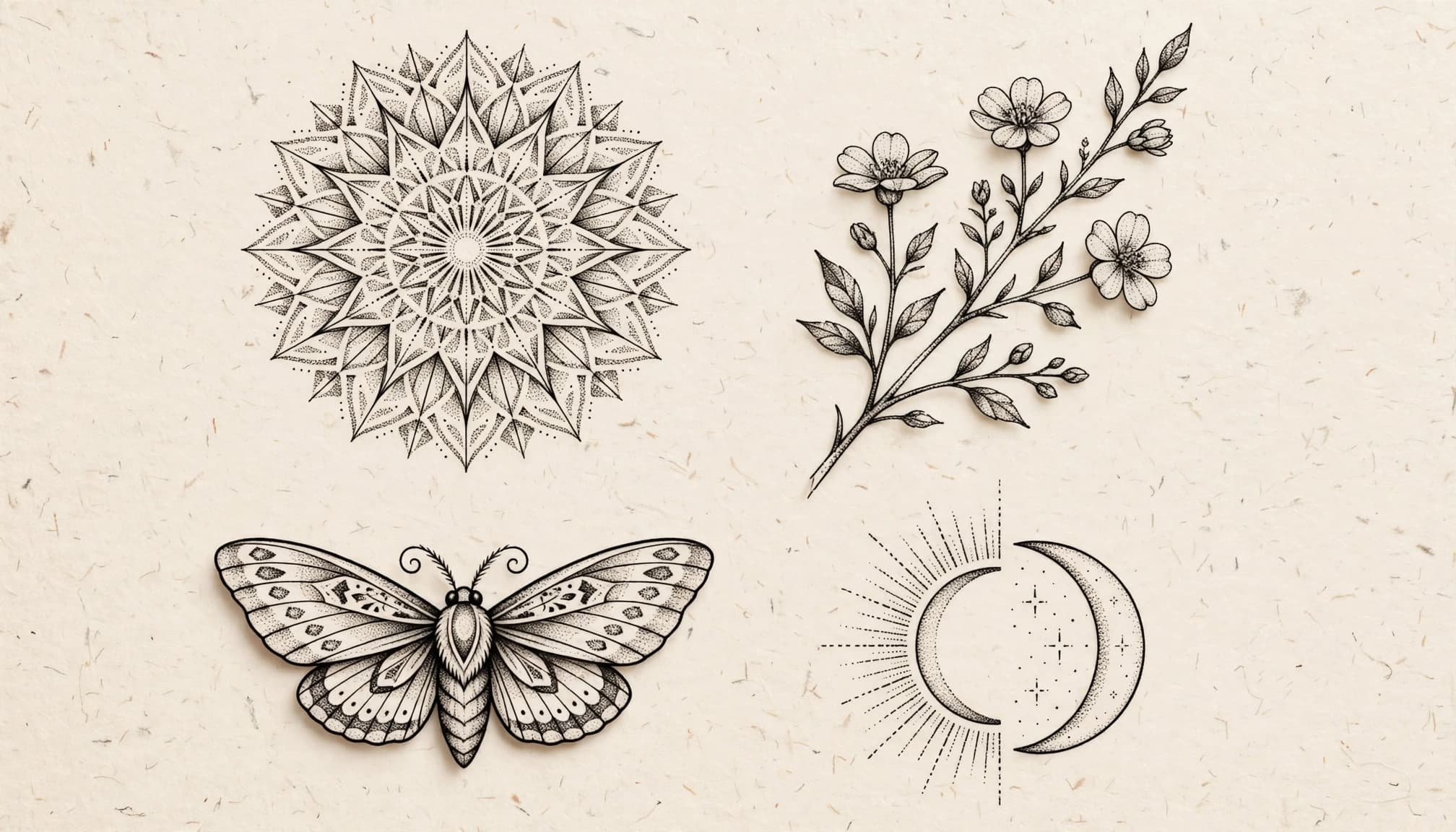 Four small black dotwork designs arranged on ivory paper.
