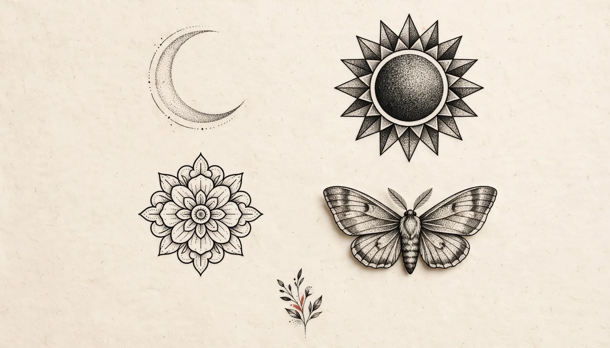 Five spaced tattoo designs on ivory paper, including a moth and a rust-accented botanical motif.