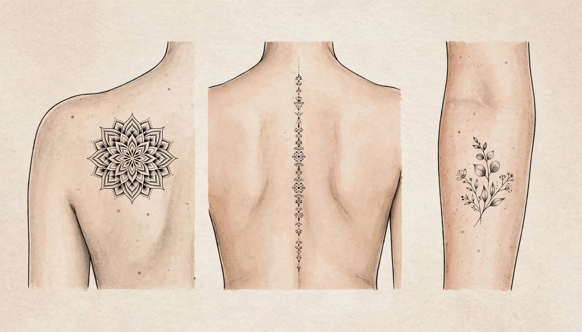 Three dotwork tattoos shown on a shoulder blade, spine, and forearm.