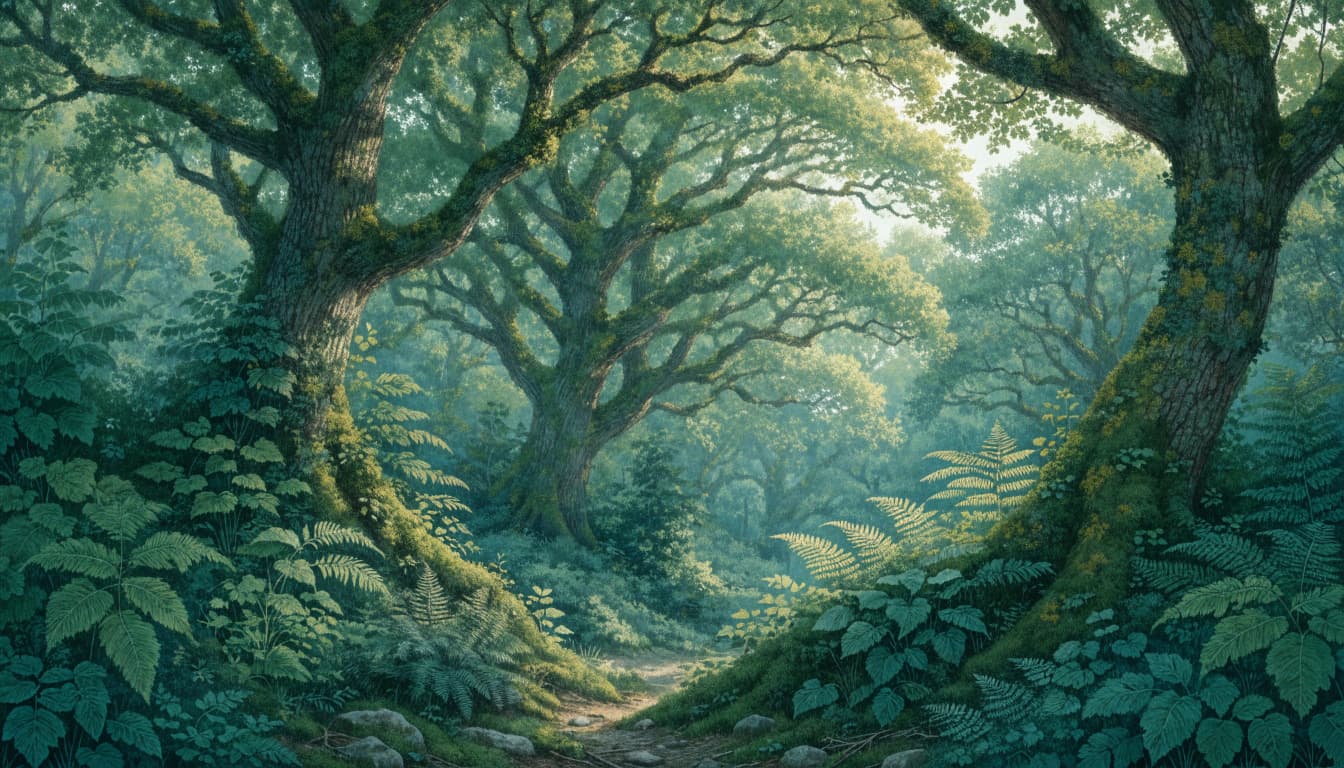 Tall elm trees rise above moss and ferns in a softly lit woodland.
