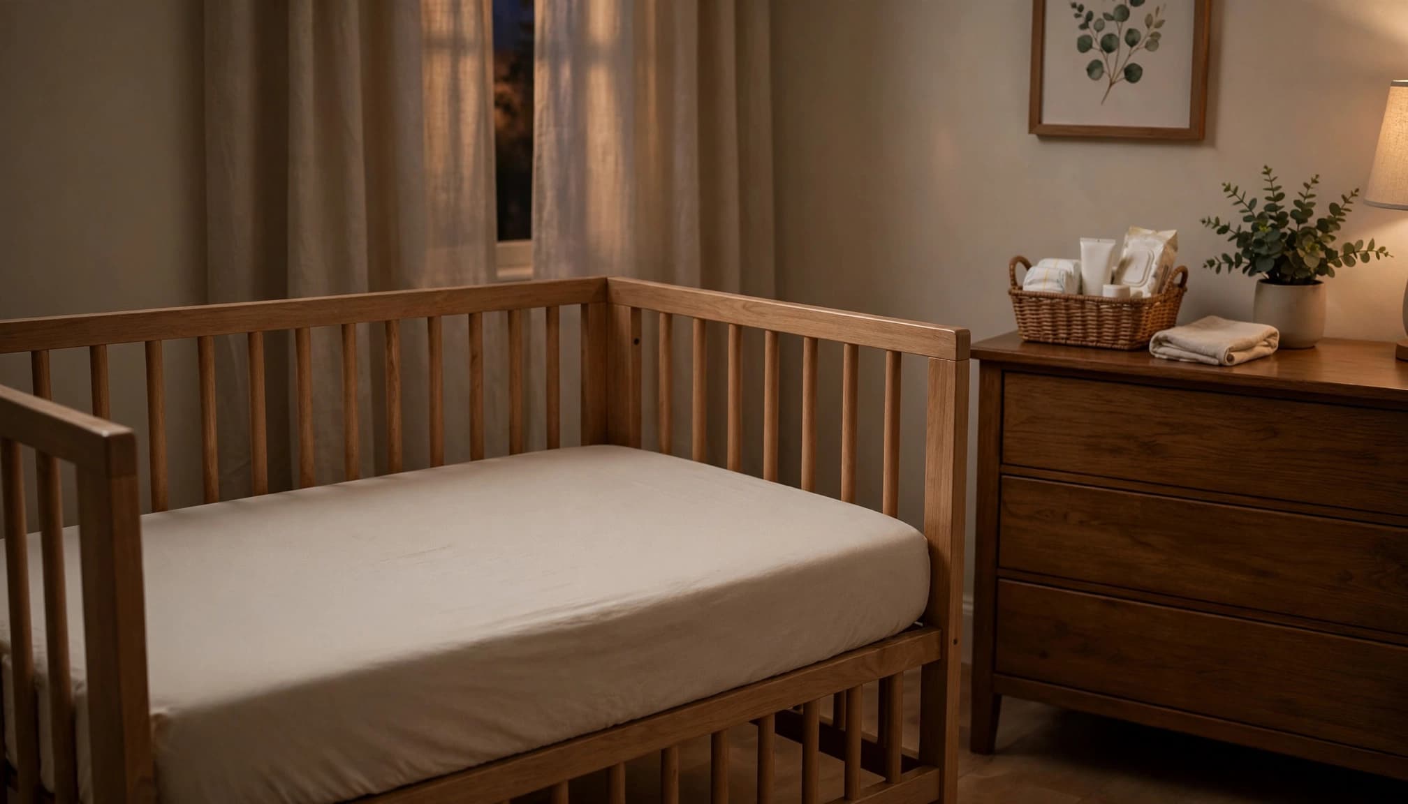 An empty crib with a fitted sheet and supplies on a nearby dresser.