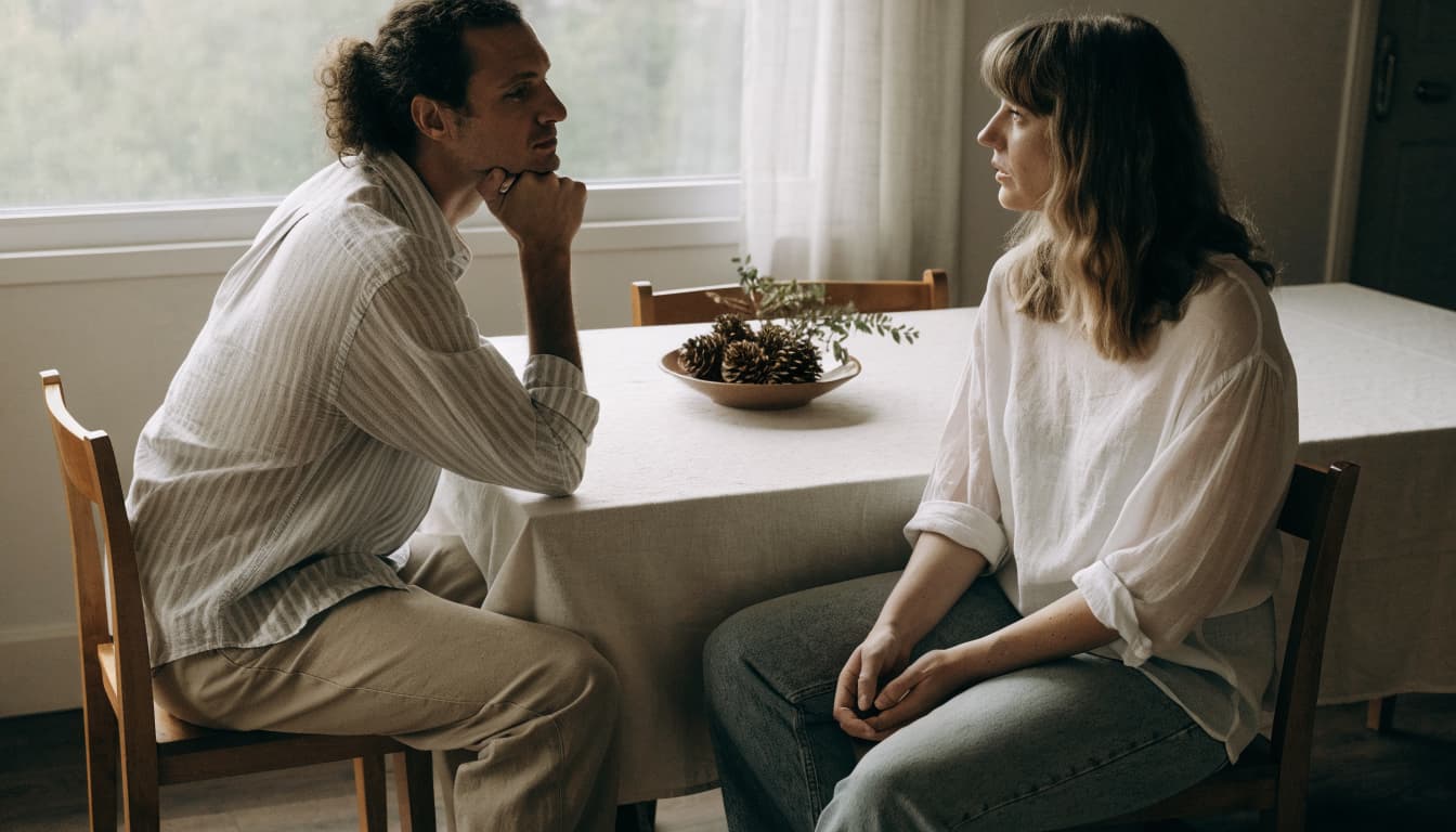 Two expectant parents talk beside a window with pinecones and leafy branches nearby.