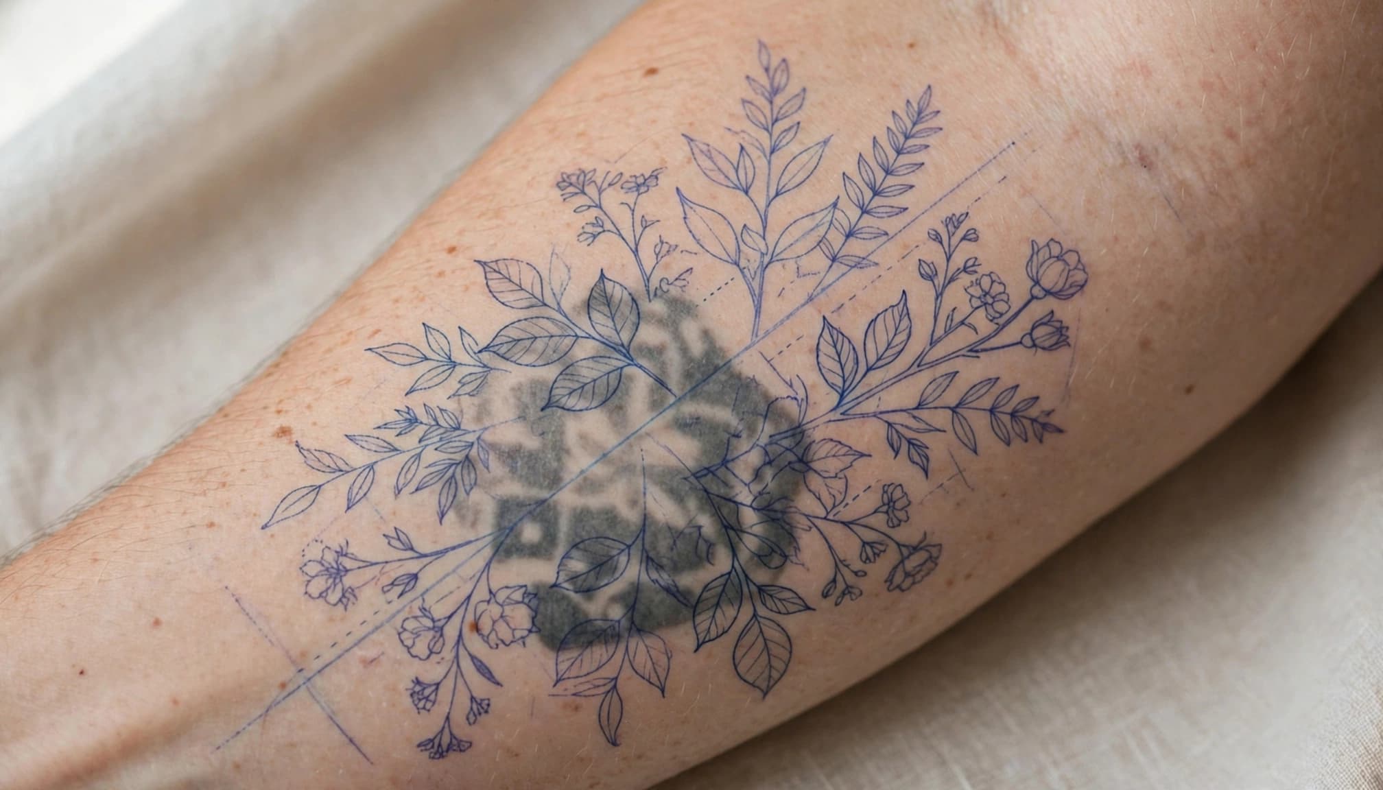 A forearm with a faded dark tattoo beneath a botanical cover-up sketch.
