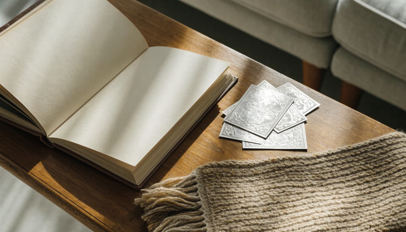 A blank family album, antique name cards, and a knitted baby blanket sit on a wooden table.